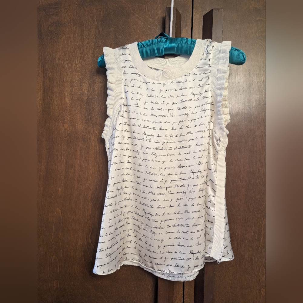 Cinq a Sept Ivory French Script Ruffle Silk Tank Top Love Story